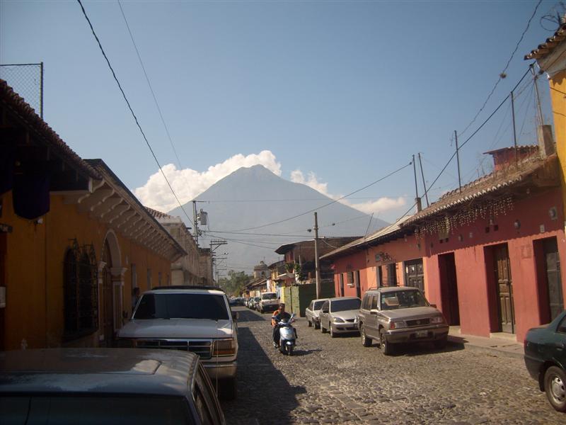 View of Volcàn Agua from the streets of Antigua: one of the three volcanoes around Antigua (it's inactive and directly due south of the city). 
