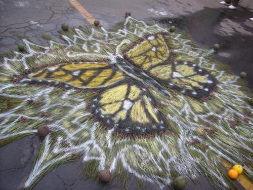 Alfombra made of a butterfly made of pine needles and spraypaint: they guy who made it was still standing and seemed proud of his work in a really nice way!