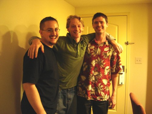 Grown unschoolers, left to right: Peter Kowalke, Eli Gerzon, and Peter Griffin (one of the subjects of the Grown Without Schooling documentary) hanging out after the Connecticut Homeschoolers Conference in fall, 2007. 